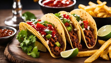 A plate of tacos filled with ground beef, tomatoes, cilantro, lettuce, avocado, and sour cream, accompanied by french fries and lime wedges.の写真素材