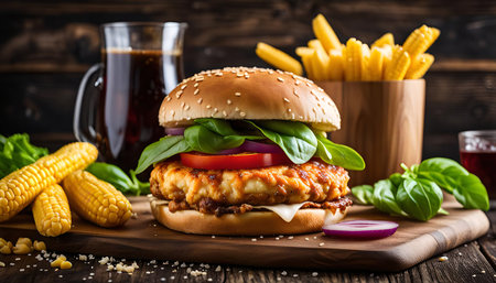 A mouthwatering cheeseburger with all the fixings. Topped with fresh lettuce, tomato, onion, and cheese, this burger is served with a side of crispy French fries and a cold drink.の写真素材