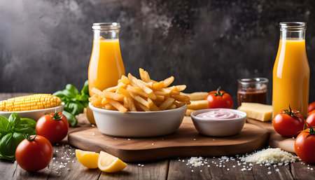A delicious meal of french fries, tomato, corn, and juice on a wooden board.の写真素材