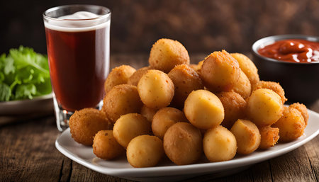 A plate of crispy fried potato balls served with a glass of beer and a bowl of ketchup.の写真素材
