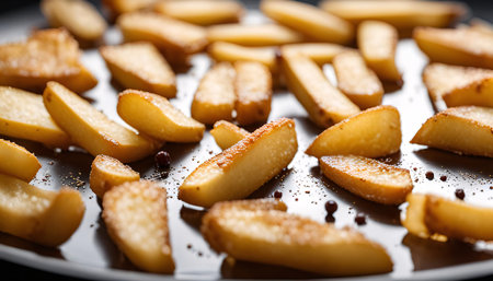 A close-up shot of freshly fried, golden brown potato wedges, seasoned with black pepper, displayed on a black plate. The image evokes a sense of deliciousness and the craving for a tasty snack or side dish.の写真素材
