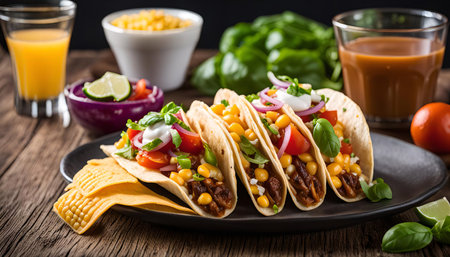 Four tacos filled with corn, tomatoes, red onions, basil, sour cream, and meat. The tacos are sitting on a black plate, with a wooden table in the background.の写真素材