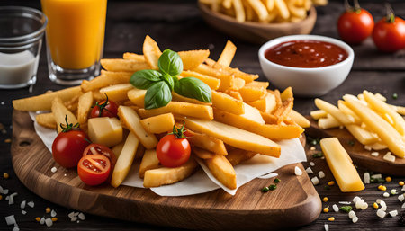 A plate of golden brown french fries garnished with fresh tomatoes, basil, and cheese.の写真素材