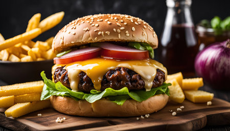 A close-up shot of a juicy cheeseburger with crispy french fries, showing the appetizing layers of beef, cheese, tomato, and lettuce.の写真素材