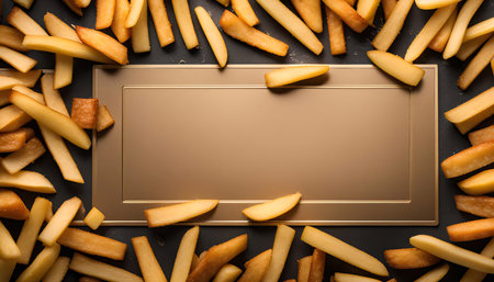 A golden frame made of french fries on a black background.