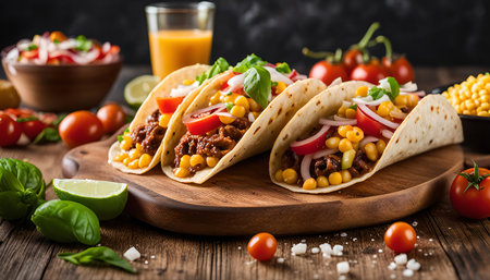 Close-up shot of three delicious tacos filled with corn, beef, tomatoes, onions, and basil. The tacos are sitting on a wooden cutting board and are surrounded by fresh ingredients.の写真素材