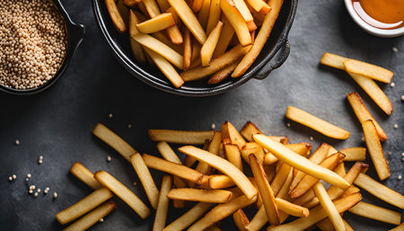 A bowl of golden french fries on a dark background with mustard seeds and a small bowl of dipping...