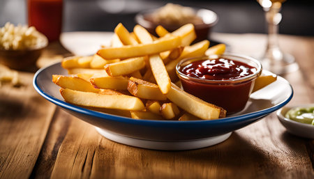 A plate of golden-brown french fries sits on a wooden table, accompanied by a small bowl of ketchup...