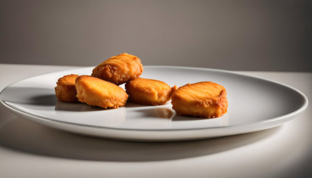 A plate of crispy fried chicken nuggets, golden brown and ready to eat.の写真素材