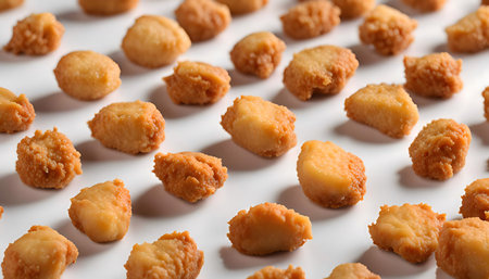 A close-up photo of crispy fried bites arranged on a white background. The golden-brown bites are...