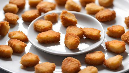 A close-up image of crispy fried chicken nuggets on a white plate. The nuggets are golden brown and...