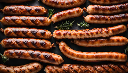 Close up shot of delicious grilled sausages on a black background. The sausages are arranged in a pattern, and they look appetizing. The picture is perfect for promoting a restaurant or food blog.の写真素材