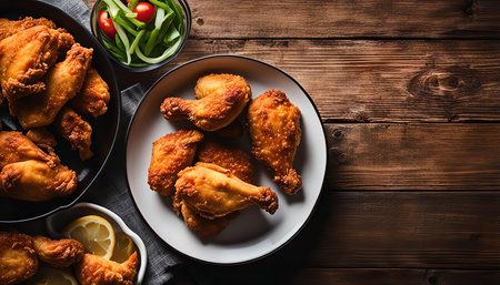 Close-up of fried chicken legs on a white plate, ready to be eaten. The crispy golden brown skin and juicy meat make it a mouthwatering treat. The wooden background adds a rustic and cozy feel.の写真素材