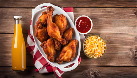A plate of crispy fried chicken legs on a wooden table. The includes meal a side of corn kernels and orange juice.の写真素材