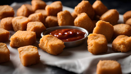 A plate of crispy fried chicken bites with a small bowl of ketchup in the middle. They are arranged on a white paper background and look delicious.の写真素材