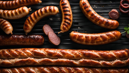 Close-up of grilled sausages on a grill, perfect for a summer barbecue.の写真素材