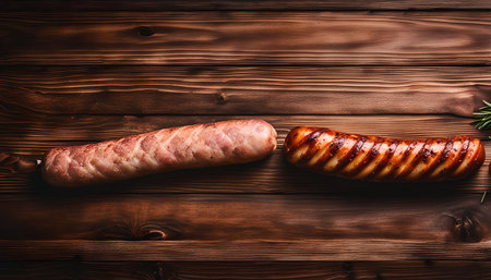 Two grilled sausages on a wooden table, perfect for a delicious snack or meal.の写真素材
