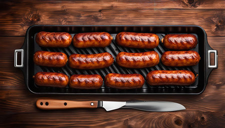 Close-up of grilled sausages in a black skillet on a wooden surface.の写真素材