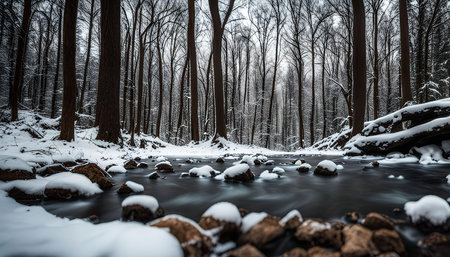 A serene winter scene with a snowy forest, a flowing stream, and bare trees, the snow covering the ground and trees creating a peaceful atmosphere.の写真素材