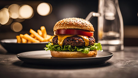 A close-up image of a delicious cheeseburger on a plate, surrounded by blurred lights. The burger is topped with a juicy beef patty, melted cheese, crisp lettuce, and a fresh tomato.の写真素材