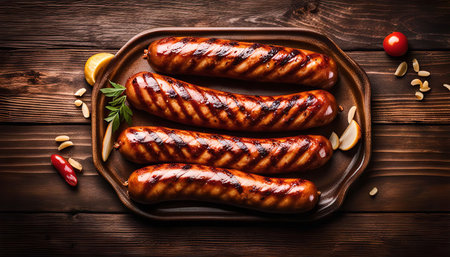 Four grilled sausages on a wooden tray with parsley, garlic, and lemon slicesの写真素材