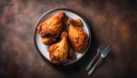 Overhead shot of crispy fried chicken legs on a white plate with forksの写真素材