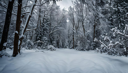 A snowy path winds through a dense forest covered in a blanket of white. The trees are bare and their branches are heavy with snow.の写真素材