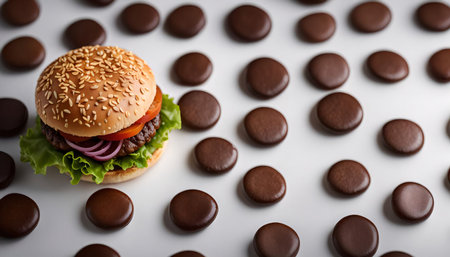 A closeup shot of a classic burger with a sesame seed bun, lettuce, tomato, and onion, on a white surface surrounded by chocolate coins.の写真素材