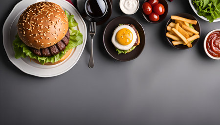 A top view of a delicious burger with french fries, ketchup, mayonnaise and a fried egg on a gray background.の写真素材
