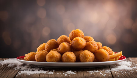 A plate of crispy fried bites, arranged in a pile on a wooden table, perfect for a snack or appetizer. The golden brown bites are mouthwatering and ready to be enjoyed.の写真素材