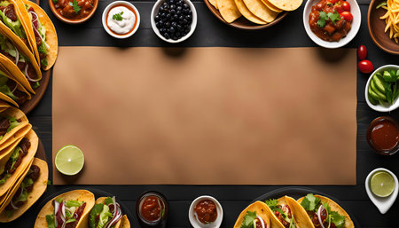 Overhead view of a spread of delicious tacos with various toppings and sauces, perfect for a Mexican food lovers.の写真素材