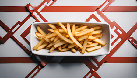 A bowl of crispy golden french fries sits on a geometric background with red and white lines.