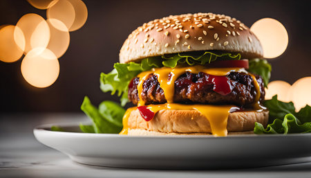 A juicy cheeseburger with melted cheese, lettuce, tomato, and ketchup on a white plate. The burger is set against a blurry background of lights.の写真素材