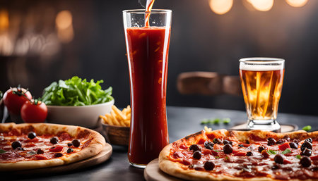A delicious pizza, a cold beer and a refreshing Bloody Mary, perfect for a night out at a restaurant or bar.の写真素材