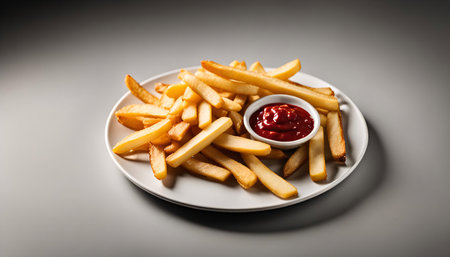 A plate of golden brown French fries with a side of red ketchup, a classic and delicious snack
