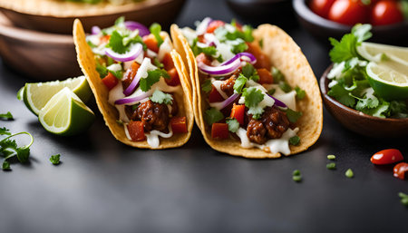 Two tacos filled with ground beef, cilantro, red onion, and sour cream on a dark backgroundの写真素材