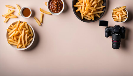Overhead view of a food photography setup with French fries, sauces, and a camera on a light pink background.の写真素材