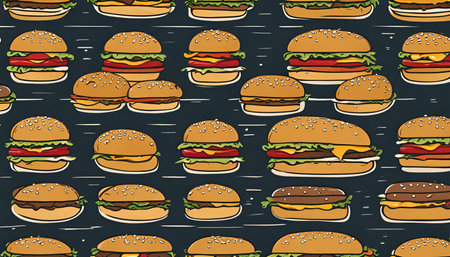 A vibrant illustration depicting a pattern of various delicious-looking burgers, perfect for food-themed backgrounds or designs.の写真素材