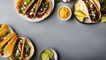 Close up of a variety of Mexican tacos with filling, lime wedges, salsa and guacamole. The tacos are presented on white plates with a gray background.の写真素材