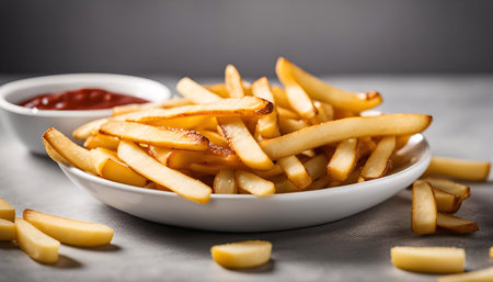 A plate of golden, crispy French fries, with a small bowl of ketchup in the background. The fries are piled high in the plate, and a few are scattered on the table.の写真素材