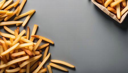 A top view of golden-brown french fries scattered on a gray background. The fries are in focus, while the background is blurred, creating a minimalist composition.の写真素材