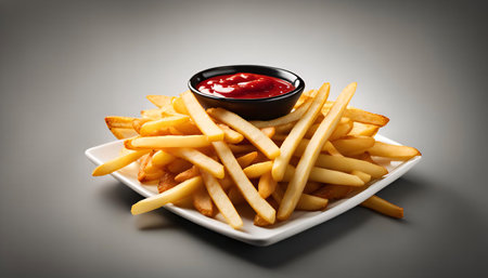 Close-up of a white plate with french fries and a small bowl of ketchup