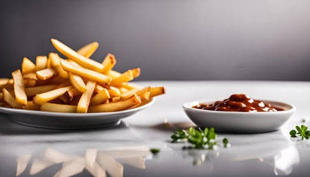 A plate of golden French fries served with a side of ketchup. The fries are crispy and delicious, perfect for dipping in the sauce.の写真素材