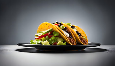 Three golden tacos filled with fresh ingredients, including tomatoes, lettuce, avocado, black beans and sour cream.の写真素材