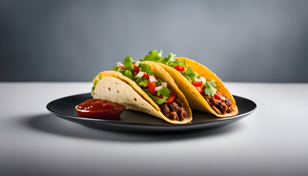 Three tacos with ground beef, onions, tomatoes and cilantro on a black plate with a ketchup packet.の写真素材