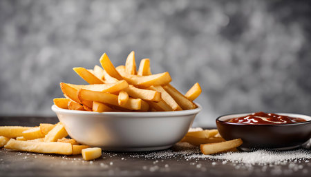 A bowl of golden-brown crispy french fries with a side of ketchup. The fries are perfectly cooked and look delicious. The ketchup is a bright red color and adds a touch of tanginess to the dish.の写真素材