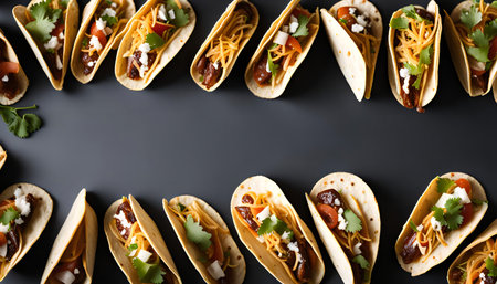 A close-up view of a delicious arrangement of tacos, showing a variety of toppings and flavors. These tacos are perfect for a Mexican feast or a satisfying snack.の写真素材