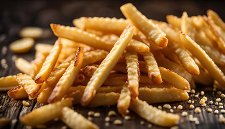 Close-up shot of a pile of golden crispy french fries on a dark wooden background.の写真素材