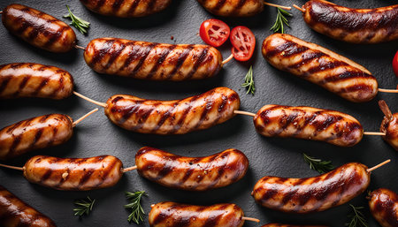 Close-up of grilled sausages with rosemary sprigs and tomatoes on a black background. The sausages are golden brown and have char marks from the grill, and the tomatoes are red and juicy. The image is appealing and appetizing.の写真素材