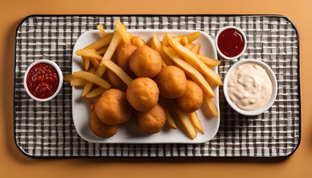 A plate of crispy chicken nuggets, golden French fries, and two dipping sauces: ketchup and mayonnaise.の写真素材